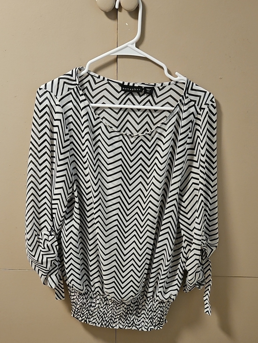 Metaphor Black and White Chevron Blouse with Smocked Hem
